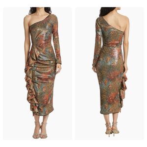 Chiara Boni Brown and Gold Asymmetrical Ruched Midi Dress